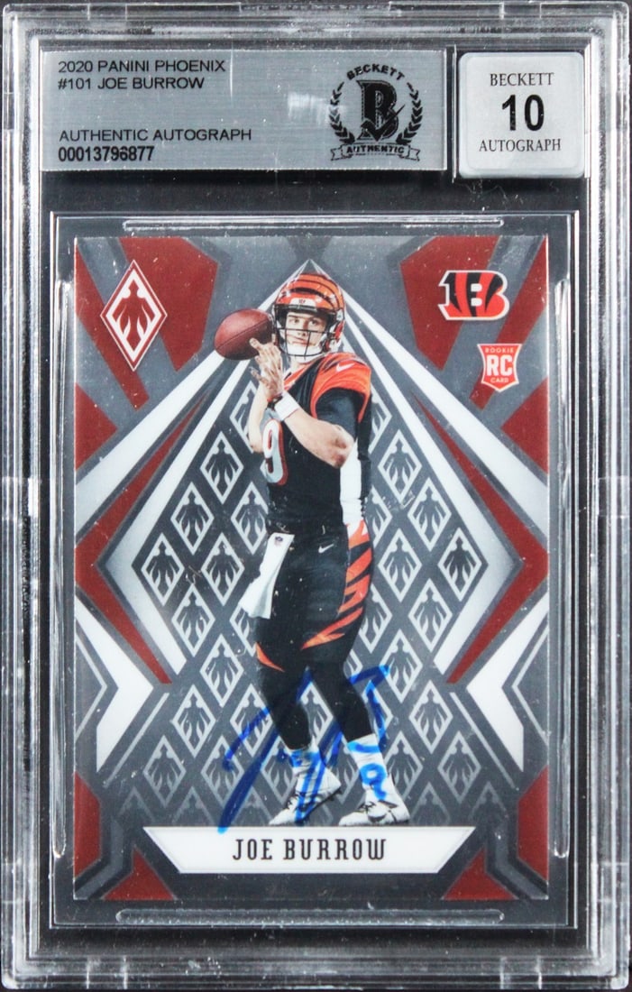 Joe Burrow Bengals 2020 Phoenix #101 Beckett Slabbed Auto Gem Mint 10: Joe Burrow Bengals 2020 Phoenix #101 Beckett Slabbed Auto Gem Mint 10 This 2020 Panini Phoenix #101 football card features Joe Burrow of the Cincinnati Bengals and has been personally signed by the pl