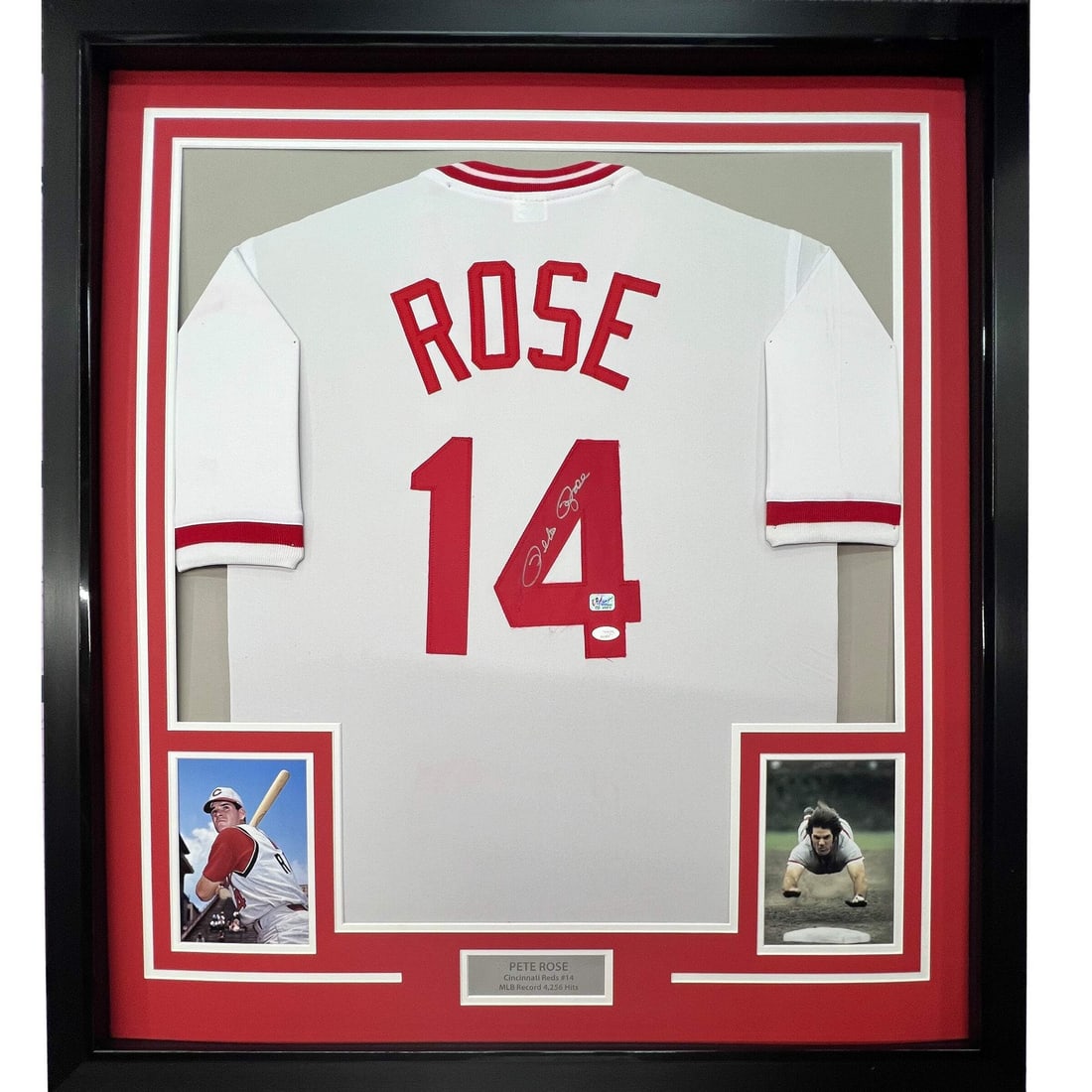 Framed Autographed Pete Rose Cincinnati Reds Jersey with JSA COA: Framed Autographed Pete Rose Cincinnati Reds Jersey with JSA COA Celebrate baseball history with this framed, autographed Pete Rose Cincinnati Reds jersey. This original piece features authentic signa
