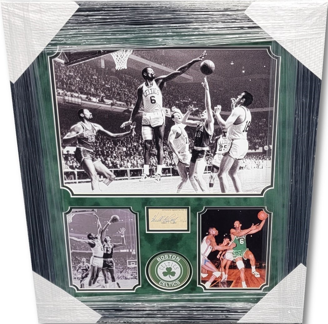 Framed Boston Celtics collage with Bill Russell signed cut 24x28 (1 of 3)