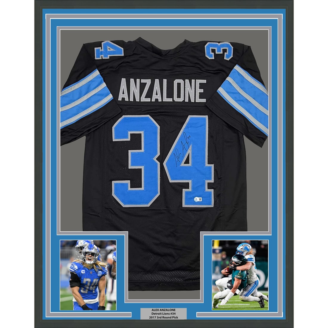 Detroit Lions Alex Anzalone Signed Black Jersey in 35x39 Frame Beckett COA: Detroit Lions Alex Anzalone Signed Black Jersey in 35x39 Frame Beckett COA This professionally framed display features a black Detroit Lions jersey autographed by Alex Anzalone. The jersey is authenti