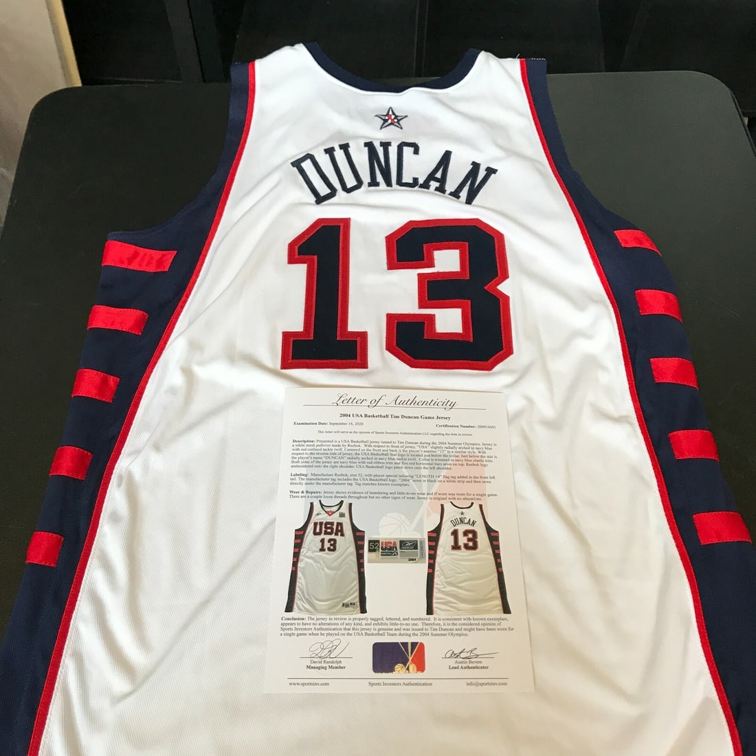 2004 Tim Duncan Game Used Team USA Jersey with Sports Investors COA: 2004 Tim Duncan Game Used Team USA Jersey with Sports Investors COA This is a 2004 Tim Duncan Game Used Team USA Olympics Jersey, showcasing the iconic design worn by the legendary basketball player d