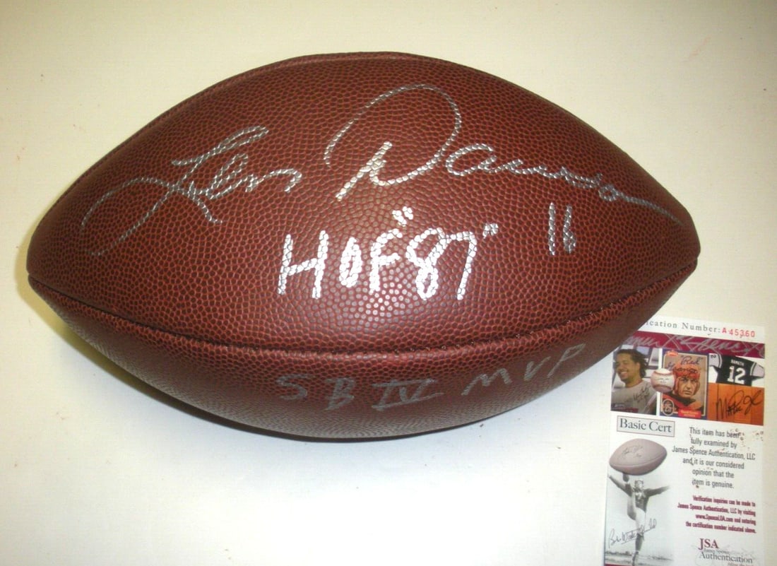 Autographed Len Dawson Football with JSA COA Kansas City Chiefs HOF 1987 SB IV MVP: Autographed Len Dawson Football with JSA COA Kansas City Chiefs HOF 1987 SB IV MVP This is an original football signed by Len Dawson, renowned Kansas City Chiefs quarterback and Hall of Fame inductee 