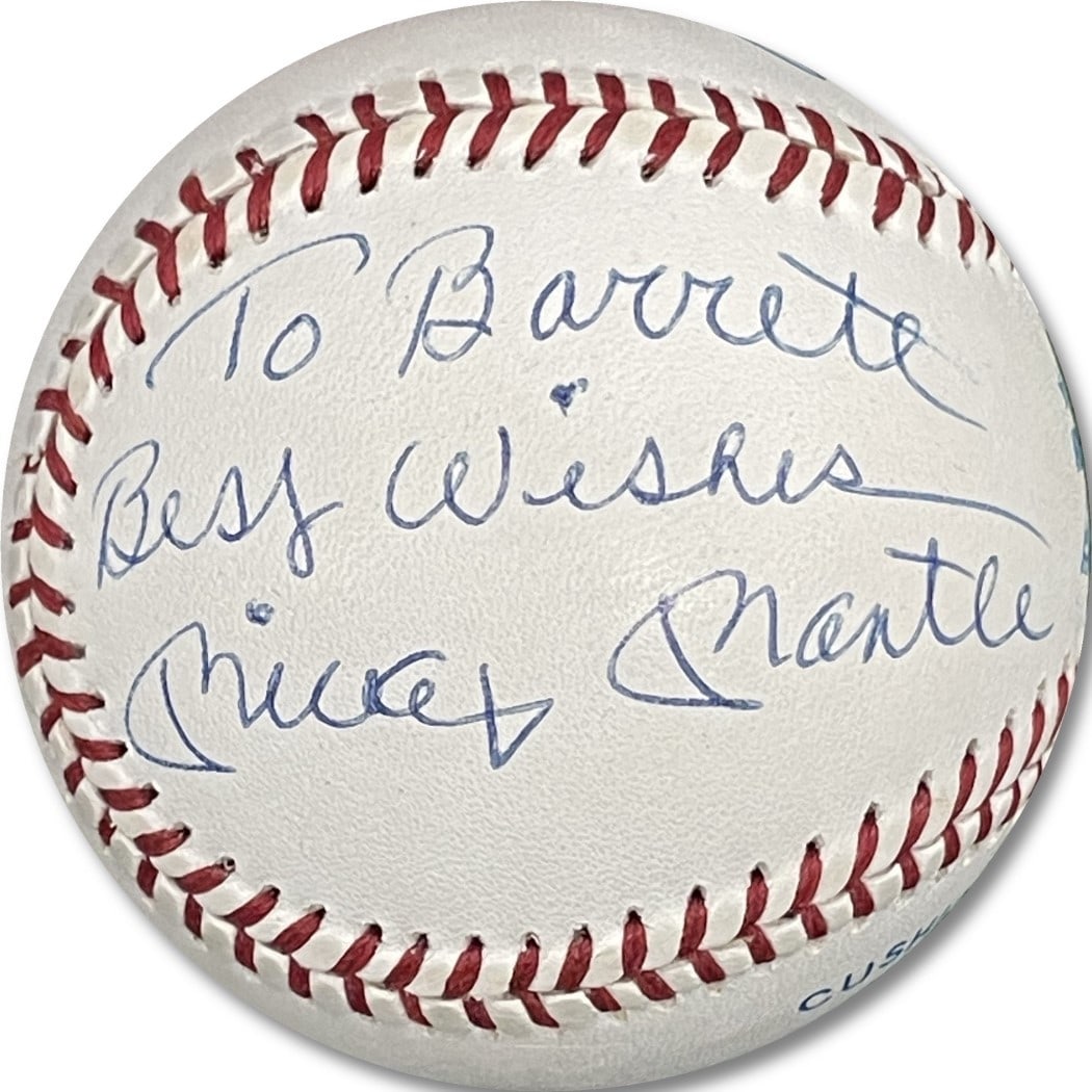 Mickey Mantle Signed Baseball Inscribed Best Wishes JSA Authentic: Mickey Mantle Signed Baseball Inscribed Best Wishes JSA Authentic This is an original autographed baseball by Mickey Mantle, inscribed with "Best Wishes." The baseball is authenticated by James Spence