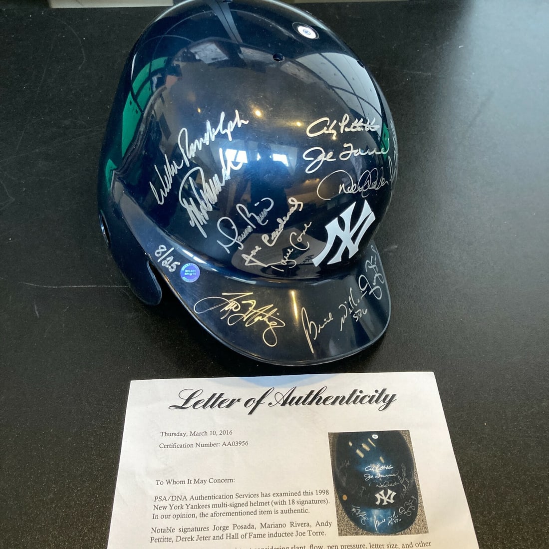 1998 Yankees Team Signed Helmet Derek Jeter Mariano Rivera Limited Edition 8/25 JSA: 1998 Yankees Team Signed Helmet Derek Jeter Mariano Rivera Limited Edition 8/25 JSA Celebrate the legendary 1998 New York Yankees with this team-signed helmet, featuring autographs from baseball icons