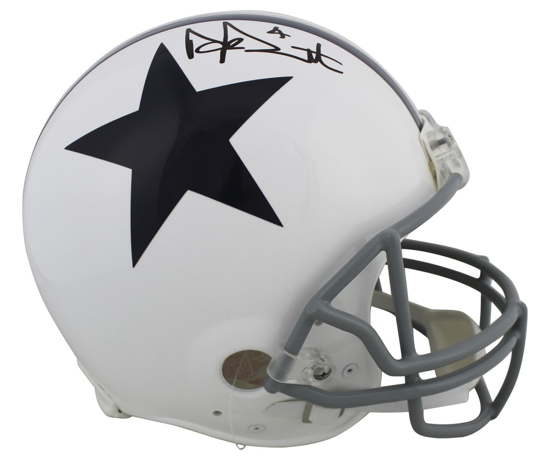 Dak Prescott Autographed Dallas Cowboys White Throwback Full Size Proline Helmet BAS COA: Dak Prescott Autographed Dallas Cowboys White Throwback Full Size Proline Helmet BAS COA This white throwback Proline full-size helmet features an authentic signature from Dak Prescott of the Dallas C