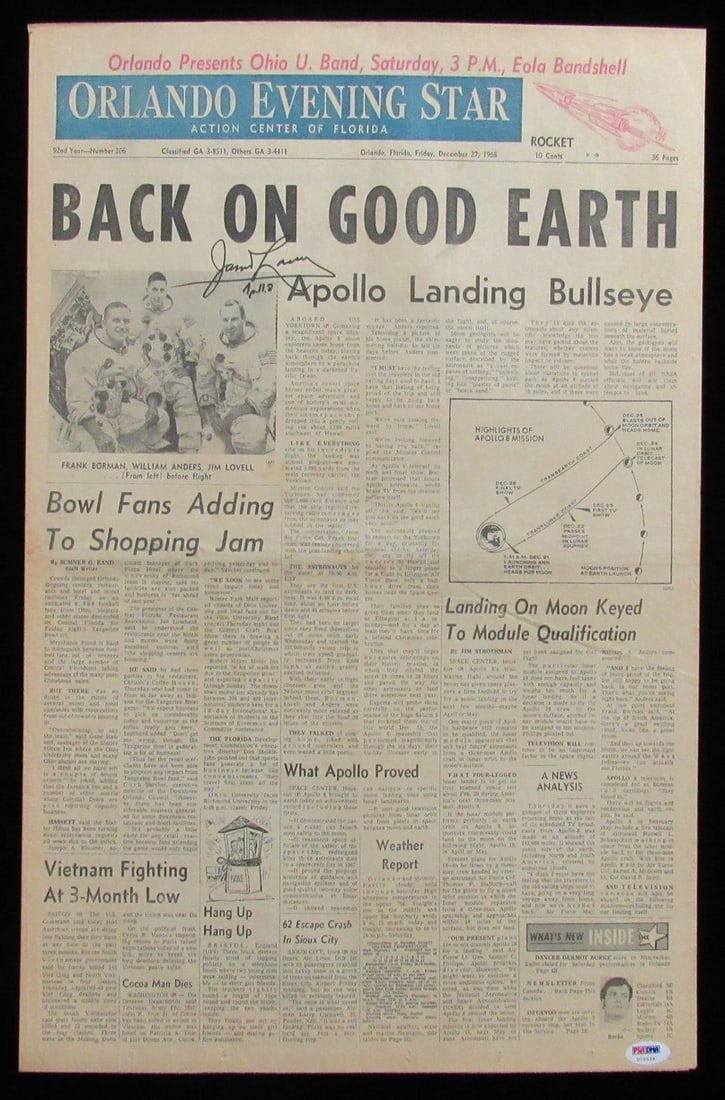 James Lovell Autographed 1968 Apollo 8 Newspaper PSA/DNA 697: James Lovell Autographed 1968 Apollo 8 Newspaper PSA/DNA 697 This is an original 1968 newspaper autographed and inscribed by Apollo 8 Astronaut James Lovell. The item has been authenticated by PSA/DNA