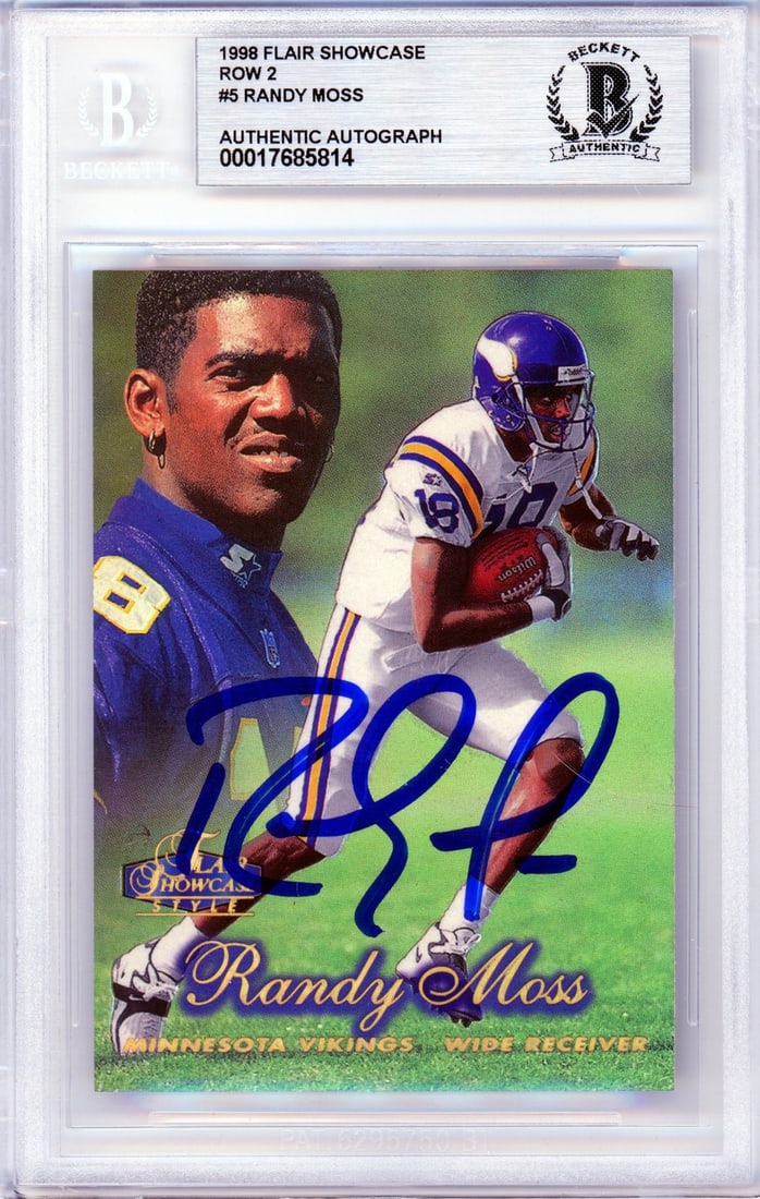 Randy Moss 1998 Flair Showcase Row 2 #5 Autographed Rookie Card BGS: Randy Moss 1998 Flair Showcase Row 2 #5 Autographed Rookie Card BGS 1998 Flair Showcase Row 2 #5 Randy Moss rookie sports trading card from the 1998 Flair Showcase set. The card features Randy Moss, i