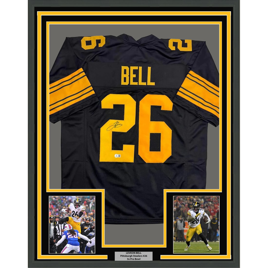 Le'Veon Bell Signed Pittsburgh Steelers Jersey Framed 35x39 With JSA Authentication: Le'Veon Bell Signed Pittsburgh Steelers Jersey Framed 35x39 With JSA Authentication This professionally framed and matted display features a Pittsburgh Steelers jersey autographed by Le'Veon Bell. The