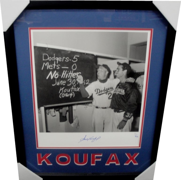 Framed Sandy Koufax Autographed 16x20 Photo with Walt Alston JSA: Framed Sandy Koufax Autographed 16x20 Photo with Walt Alston JSA This is a custom-framed 16x20 photograph featuring Sandy Koufax and Walt Alston with a chalkboard, hand-signed by Sandy Koufax. The mat