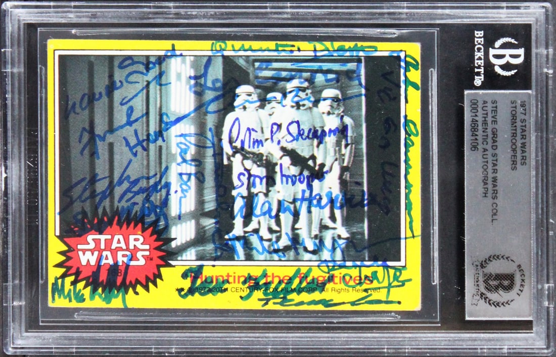 1977 Star Wars Stormtroopers Card Signed by 14 Actors BAS Authenticated: 1977 Star Wars Stormtroopers Card Signed by 14 Actors BAS Authenticated This remarkable 1977 Star Wars Stormtroopers Card has been personally signed by a total of 14 notable individuals from the Star 