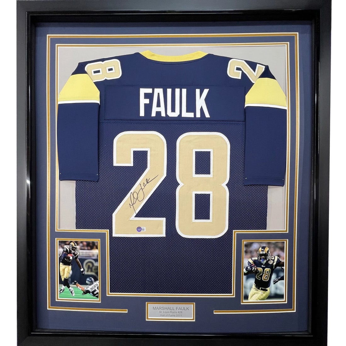 Framed Marshall Faulk signed St. Louis Rams navy jersey BAS COA (1 of 2)
