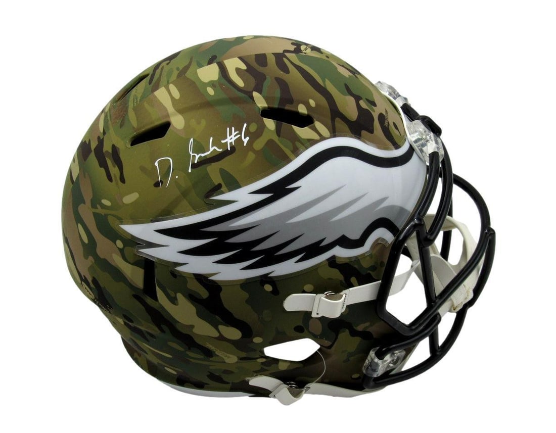 DeVonta Smith Signed Camo Replica Helmet Philadelphia Eagles Fanatics Authentic: DeVonta Smith Signed Camo Replica Helmet Philadelphia Eagles Fanatics Authentic Offered is a DeVonta Smith Signed Full Size Camo Replica Football Helmet from the Philadelphia Eagles. This authentic he