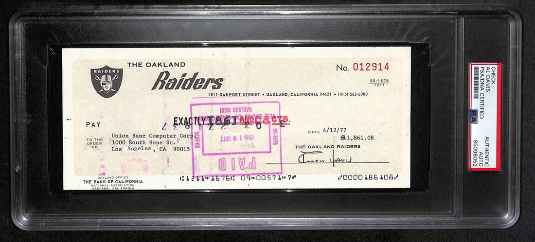 AL Davis Autographed 1977 Oakland Raiders Check PSA/DNA Certified: AL Davis Autographed 1977 Oakland Raiders Check PSA/DNA Certified This unique collectible features a signed check by Al Davis, the legendary owner of the Oakland Raiders, from 1977. The autograph has 