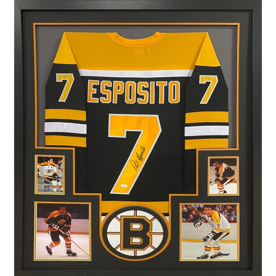 Phil Esposito Autographed Framed Jersey JSA Boston Bruins 42x34: Phil Esposito Autographed Framed Jersey JSA Boston Bruins 42x34 This autographed Phil Esposito framed jersey is a must-have for any Boston Bruins fan. Authenticated by JSA, a leader in sports authenti