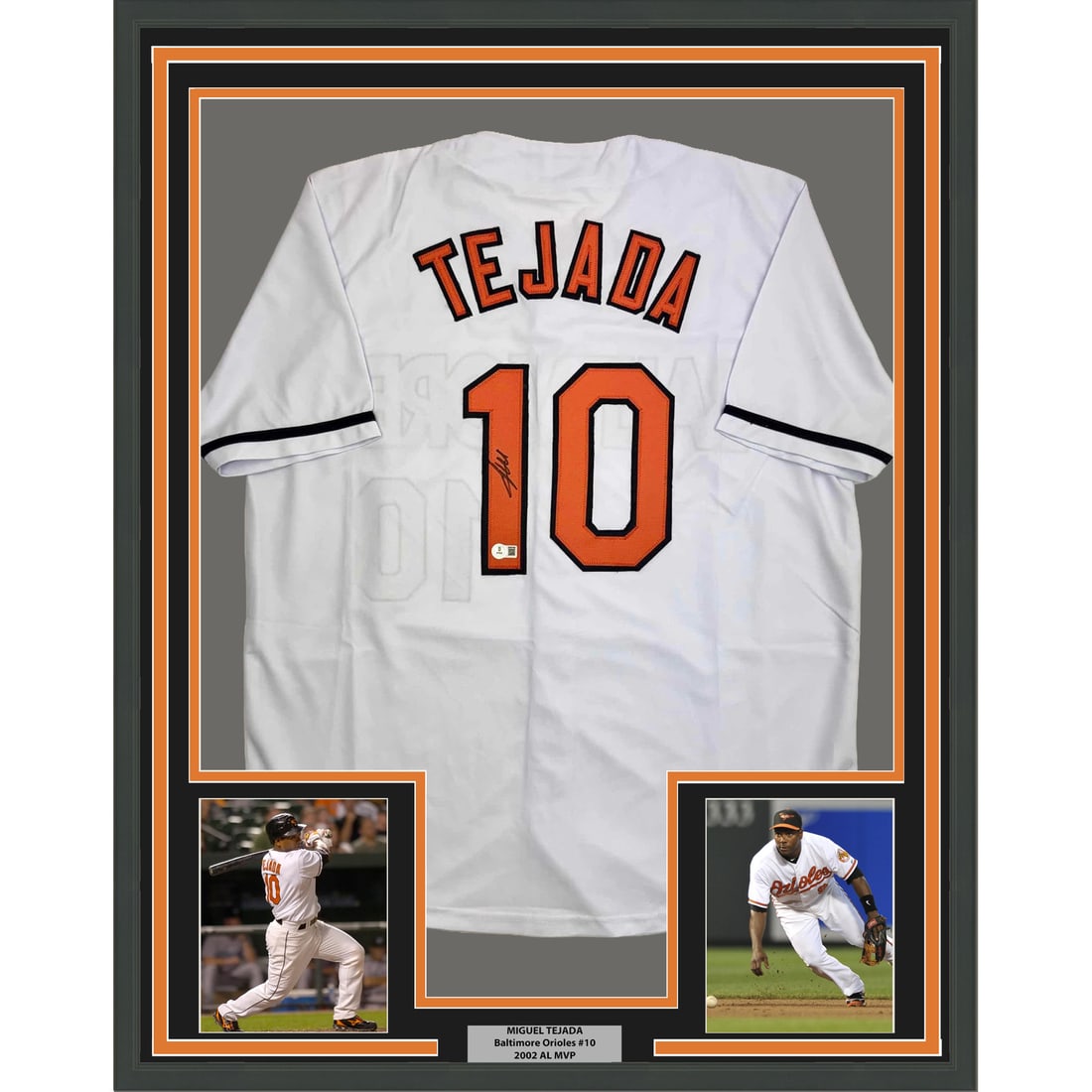 Miguel Tejada signed framed Baltimore white jersey 35x39 Beckett COA: Miguel Tejada signed framed Baltimore white jersey 35x39 Beckett COA This framed display features a Baltimore Orioles white jersey autographed by Miguel Tejada. The jersey is professionally framed and