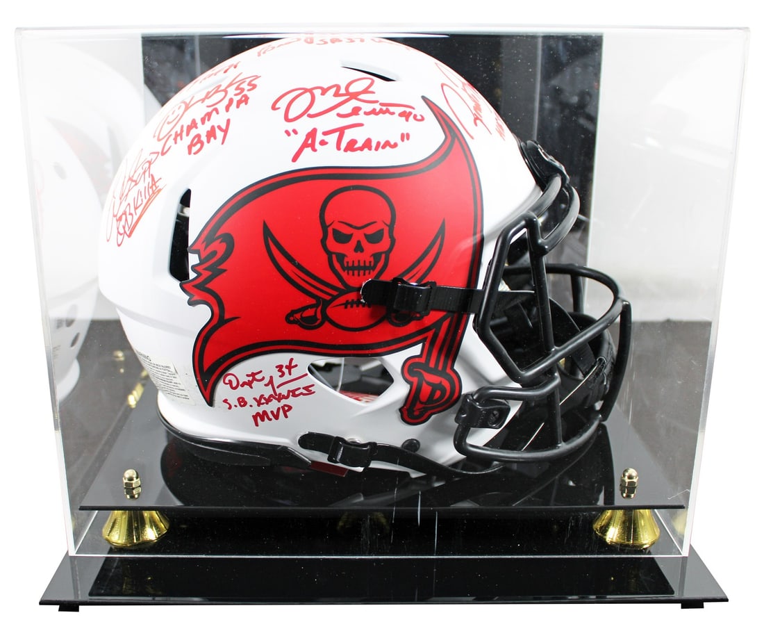 Tampa Bay Buccaneers Signed Lunar Helmet with 7 Player Autographs BAS: Tampa Bay Buccaneers Signed Lunar Helmet with 7 Player Autographs BAS This autographed alternate Lunar Riddell Full Size Speed Proline Helmet is a remarkable collectible for fans of the Tampa Bay Bucc