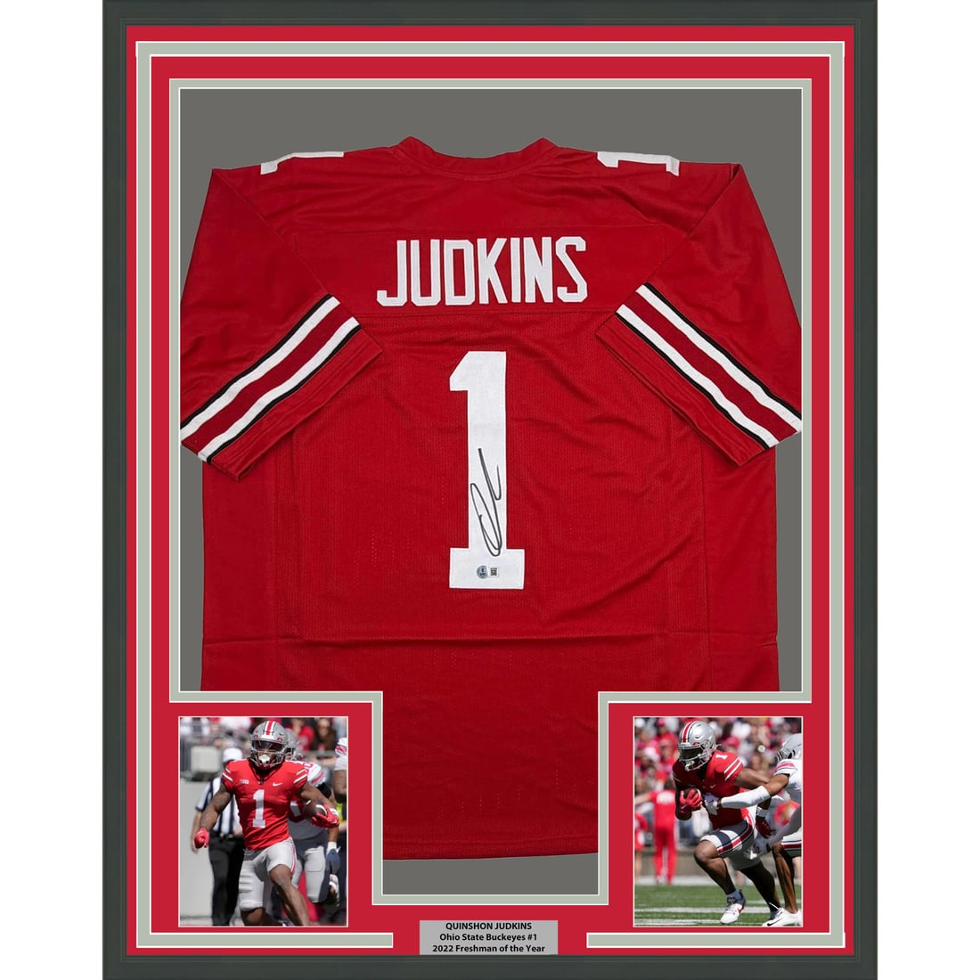 Quinshon Judkins Signed Ohio State Jersey 35x39 Framed With BAS Authentication: Quinshon Judkins Signed Ohio State Jersey 35x39 Framed With BAS Authentication This professionally framed and matted display features an autographed Quinshon Judkins Ohio State red jersey. The present