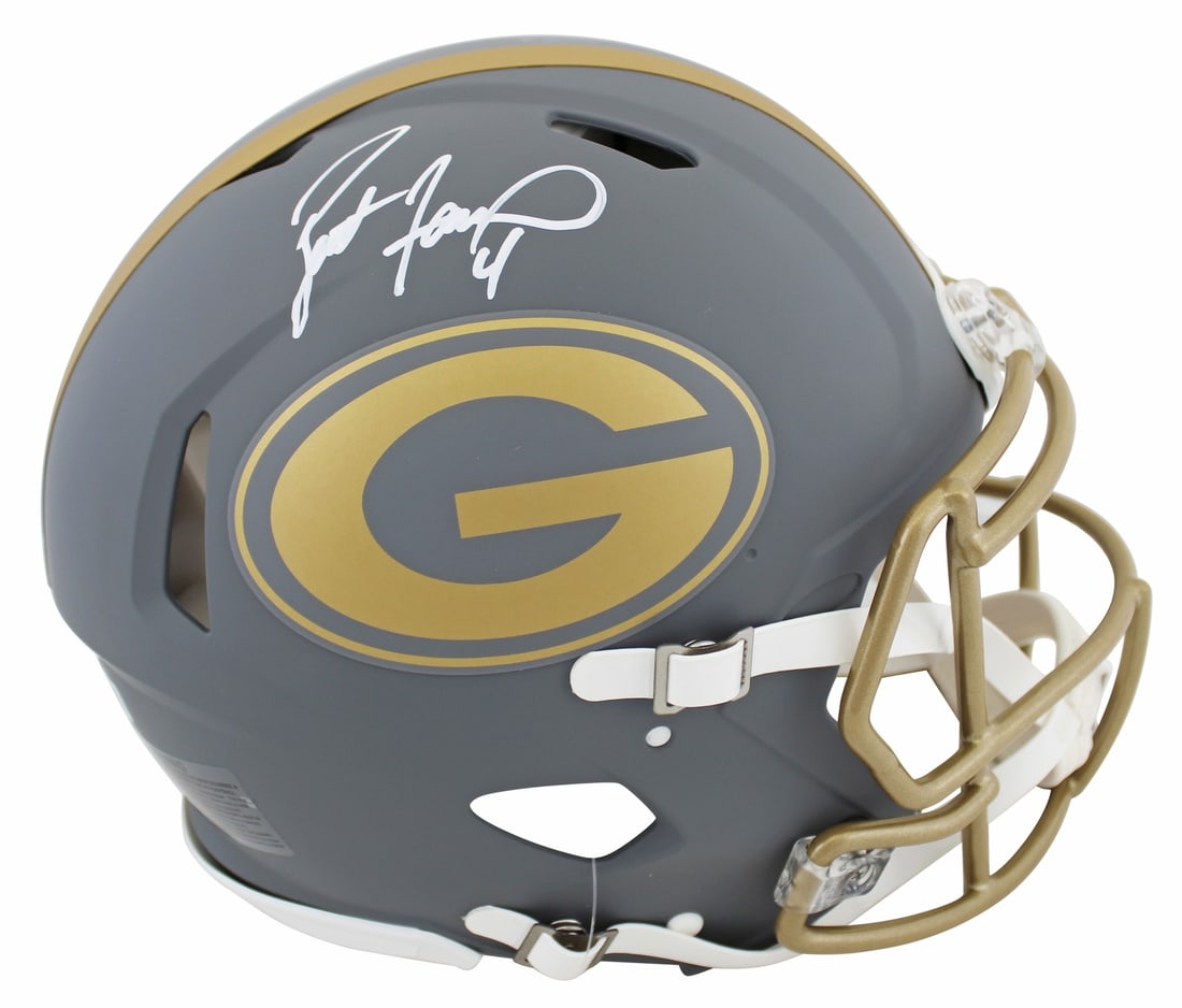 Brett Favre Signed Green Bay Packers Slate Full Size Helmet BAS Authenticated: Brett Favre Signed Green Bay Packers Slate Full Size Helmet BAS Authenticated Celebrate the legacy of Brett Favre with this autographed alternate slate Riddell Authentic Full Size Speed Proline Helmet