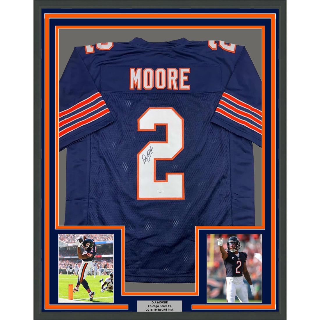 Framed DJ Moore Autographed Chicago Bears Jersey with JSA COA 35x39: Framed DJ Moore Autographed Chicago Bears Jersey with JSA COA 35x39 Celebrate your love for the Chicago Bears with this professionally framed autographed DJ Moore jersey. This stunning piece measures 