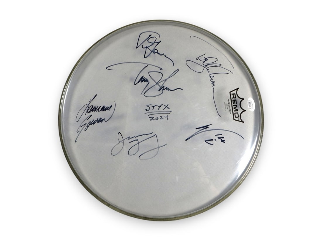 Styx Band Signed 14 Drumhead with 6 Autographs JSA Certified: Styx Band Signed 14 Drumhead with 6 Autographs JSA Certified This is an original 14" drumhead autographed by members of the legendary band Styx. The drumhead features the signatures of six talented mu