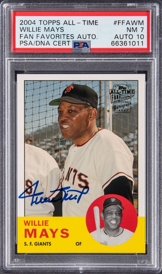 2004 Topps Willie Mays Signed Baseball Card PSA 7 Auto 10: 2004 Topps Willie Mays Signed Baseball Card PSA 7 Auto 10 Celebrate the legacy of baseball legend Willie Mays with this 2004 Topps All-Time Fan Favorites signed baseball card. Graded PSA 7, this card 