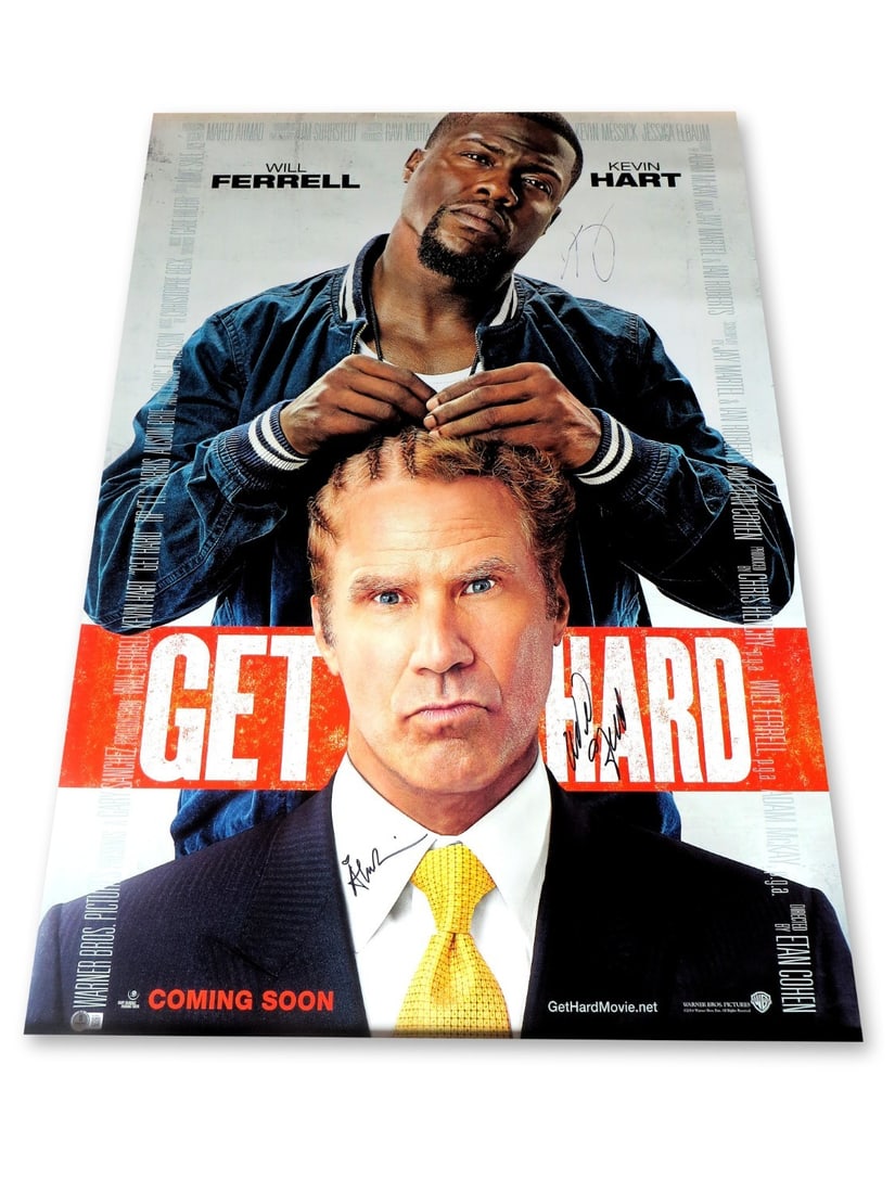 Get Hard Poster 27x40 Autographed by Kevin Hart Will Ferrell Alison Brie Beckett Authenticated (1 of 5)