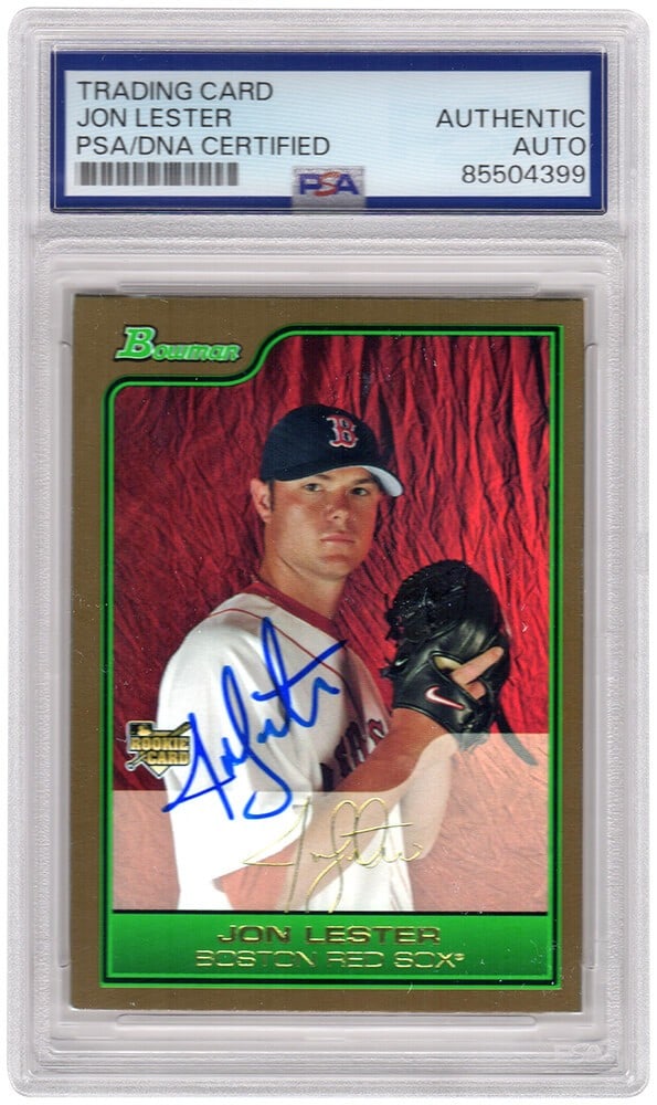 Jon Lester Signed 2006 Bowman Draft Gold RC Card #BDP22 PSA Slabbed: Jon Lester Signed 2006 Bowman Draft Gold RC Card #BDP22 PSA Slabbed This is a Jon Lester signed 2006 Bowman Draft Gold rookie baseball trading card #BDP22, featuring the pitcher from the Boston Red So