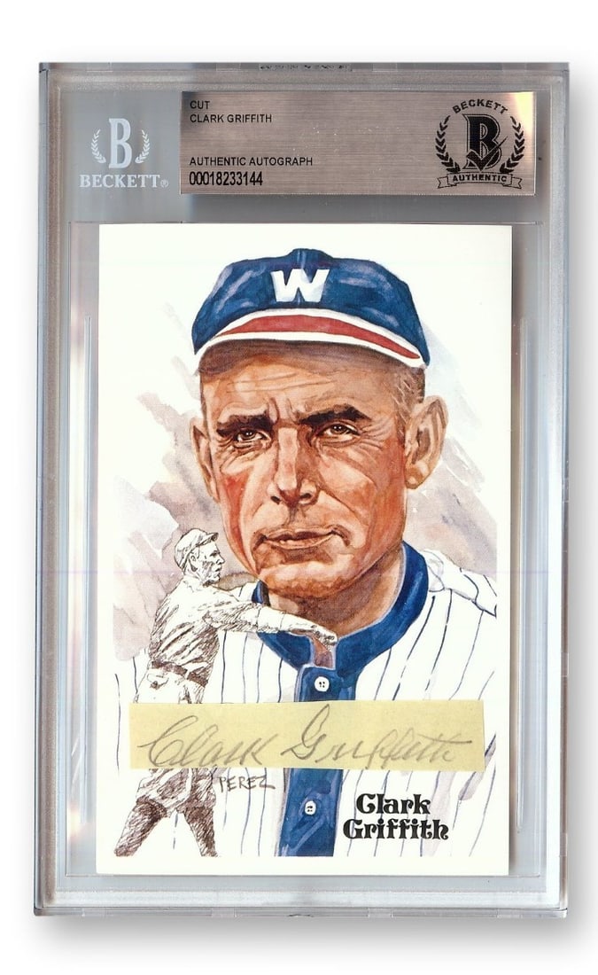 Clark Griffith Signed Cut Signature with Beckett Authentication: Clark Griffith Signed Cut Signature with Beckett Authentication This is an original cut signature of Clark Griffith, renowned player of the Washington Senators. The signature is authenticated by Becke