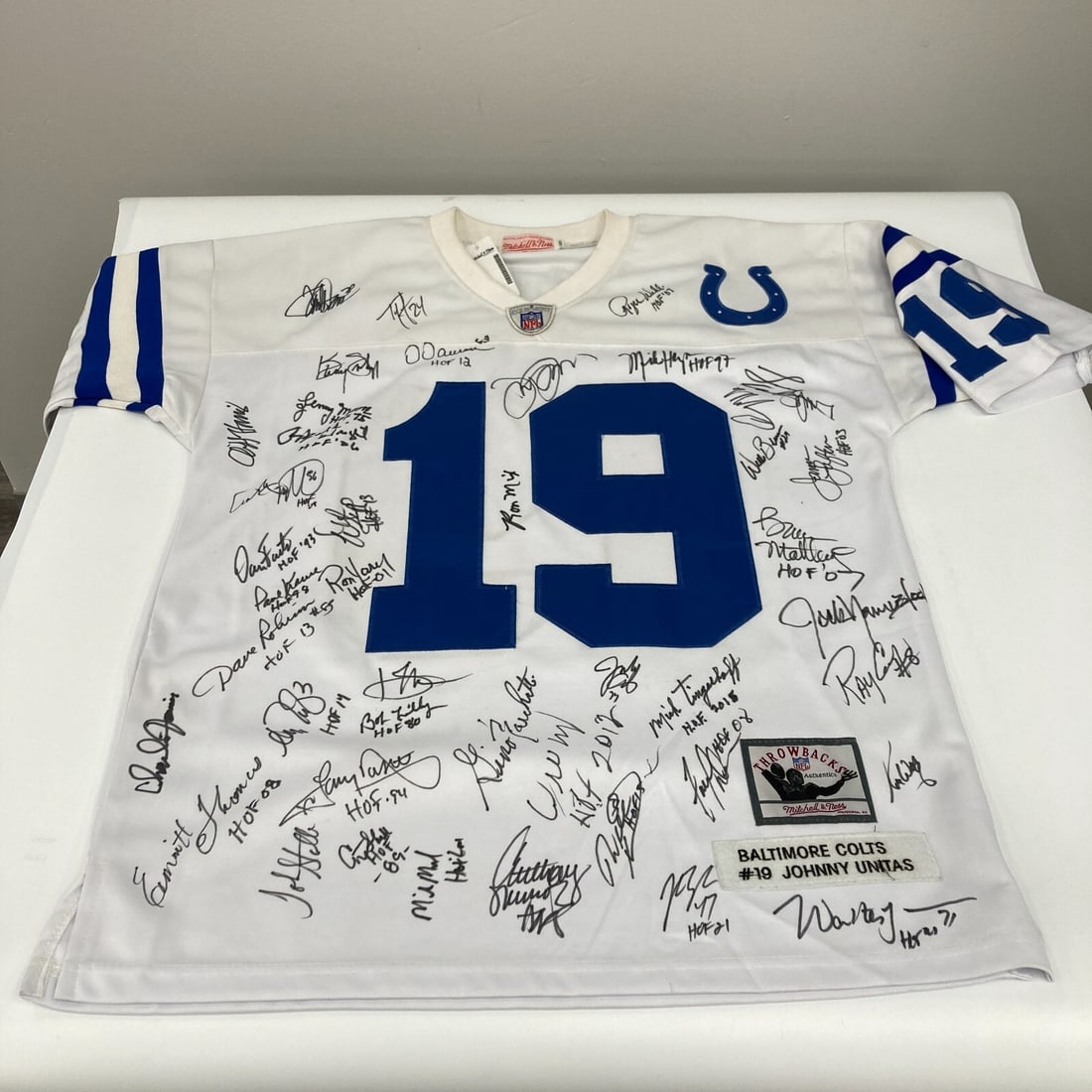 Mitchell & Ness NFL Hall of Fame Jersey 40+ Signatures JSA COA: Mitchell & Ness NFL Hall of Fame Jersey 40+ Signatures JSA COA This authentic Mitchell & Ness jersey celebrates the NFL Hall of Fame with over 40 signatures from legendary players, including Johnny Un