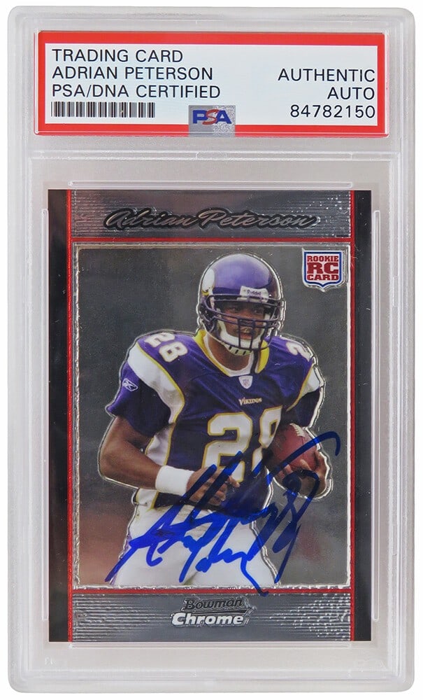 Adrian Peterson Signed 2007 Bowman Chrome Rookie Card #BC65 PSA Slabbed: Adrian Peterson Signed 2007 Bowman Chrome Rookie Card #BC65 PSA Slabbed This is a signed Adrian Peterson 2007 Bowman Chrome rookie card, featuring the Minnesota Vikings. The card has been authenticate