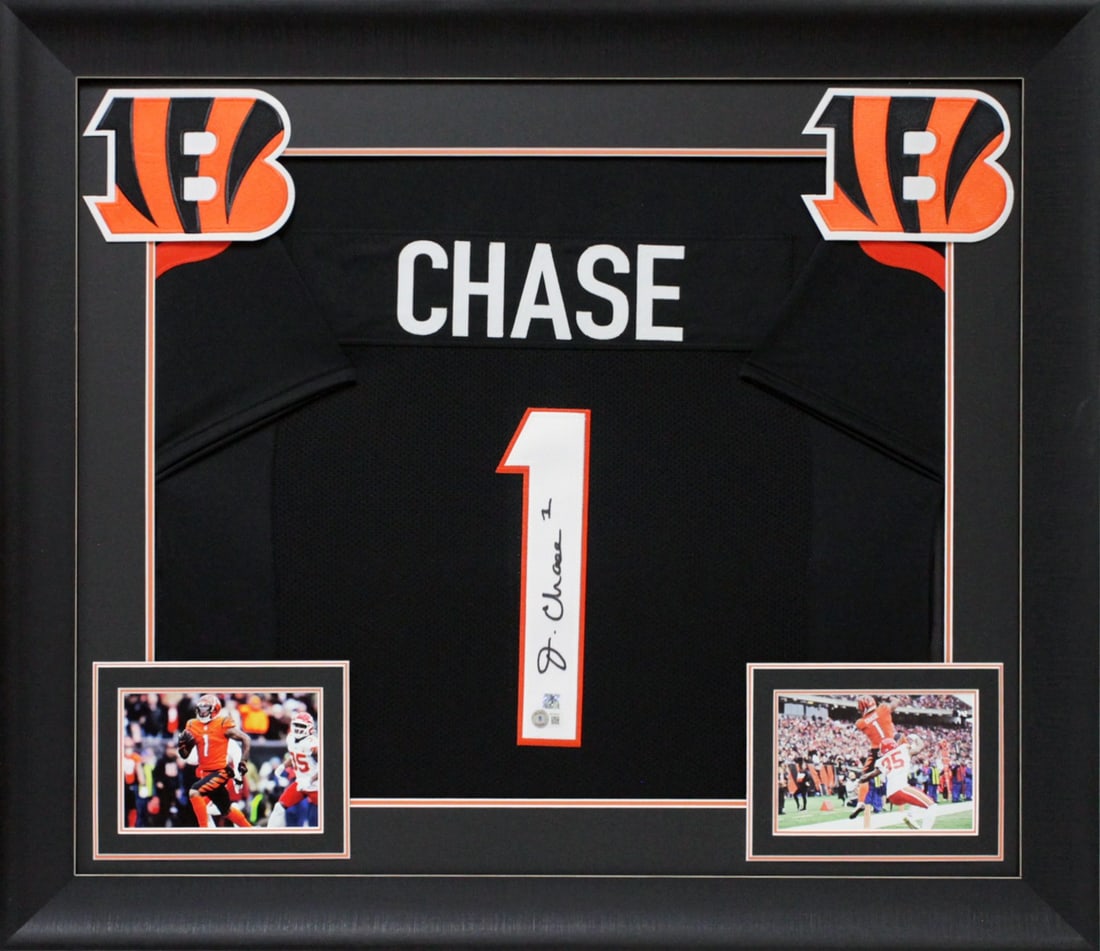 Ja'Marr Chase Signed Black Pro Style Jersey Framed with BAS Authentication: Ja'Marr Chase Signed Black Pro Style Jersey Framed with BAS Authentication Celebrate your fandom with this authentic autographed black pro style framed jersey, personally signed by Ja'Marr Chase of th