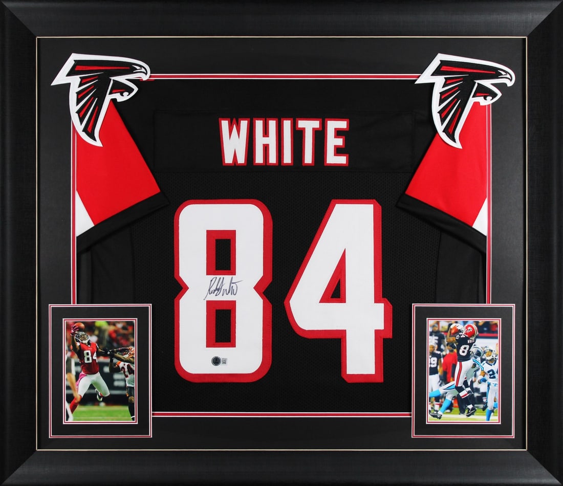 Framed Atlanta Falcons jersey signed by Roddy White BAS witnessed: Framed Atlanta Falcons jersey signed by Roddy White BAS witnessed This professionally framed black pro style jersey features the authentic signature of Roddy White from the Atlanta Falcons. The jersey