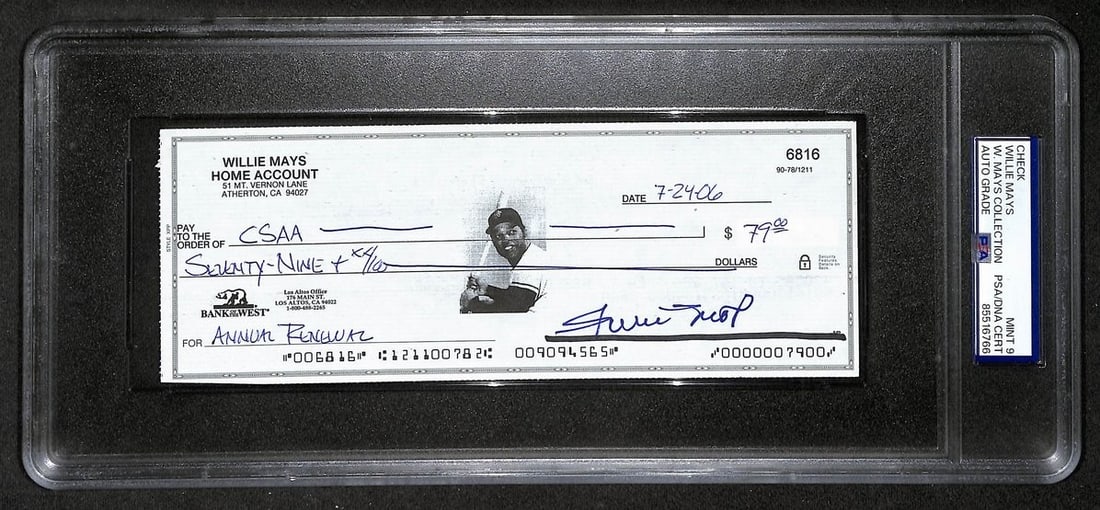 2006 Willie Mays autographed bank check PSA DNA Mint 9: 2006 Willie Mays autographed bank check PSA DNA Mint 9 Original 2006 bank check signed by Willie Mays. The autograph is authenticated by PSA/DNA, graded MINT 9, and housed in a tamper-proof acrylic ca