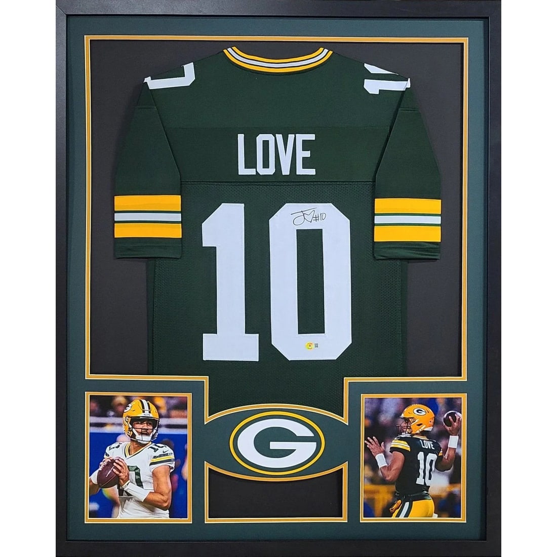 Framed Green Bay Packers Jersey Signed by Jordan Love Beckett Authenticated: Framed Green Bay Packers Jersey Signed by Jordan Love Beckett Authenticated This is a framed Green Bay Packers jersey autographed by Jordan Love. The jersey is authenticated by Beckett and includes a 
