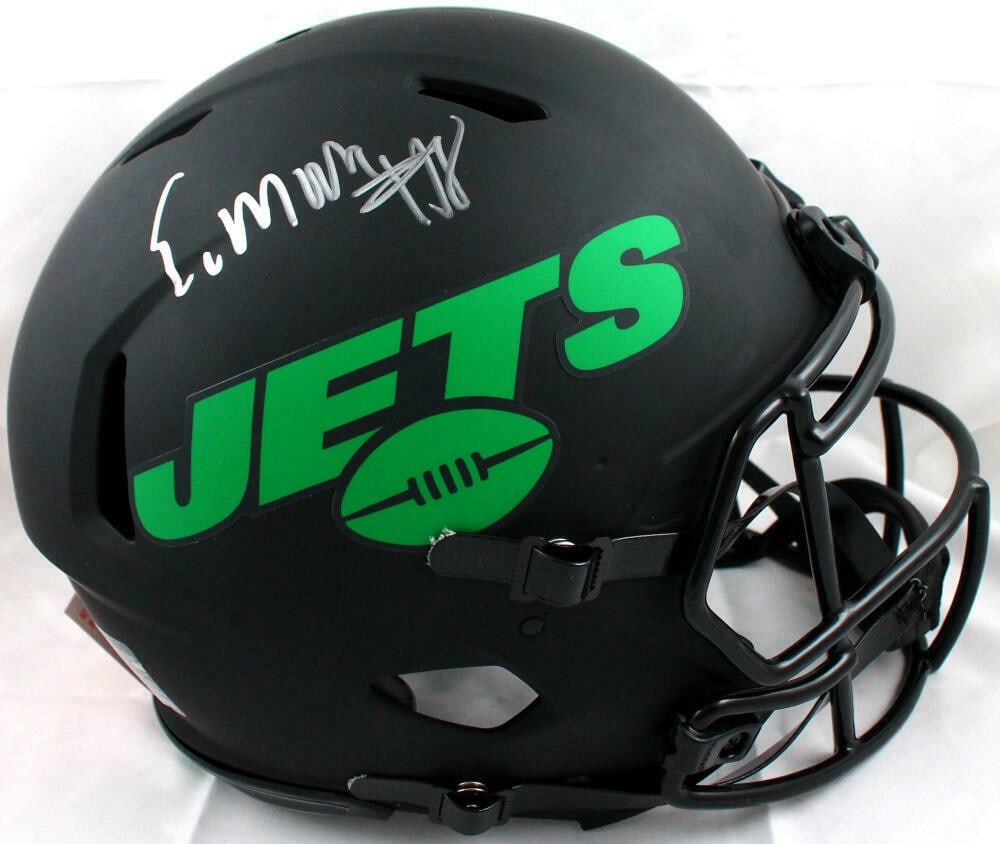 Beckett Authenticated Elijah Moore Signed New York Jets Eclipse Speed Helmet: Beckett Authenticated Elijah Moore Signed New York Jets Eclipse Speed Helmet An original, autographed full-size Eclipse Speed authentic helmet featuring Elijah Moore and the New York Jets. The helmet 