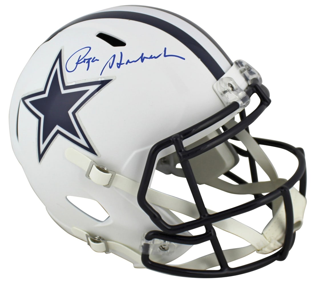 Roger Staubach Signed Dallas Cowboys Full Size White Helmet BAS Witnessed: Roger Staubach Signed Dallas Cowboys Full Size White Helmet BAS Witnessed Celebrate the legacy of Roger Staubach with this autographed Dallas Cowboys Full Size Speed Replica Helmet. This pristine alte