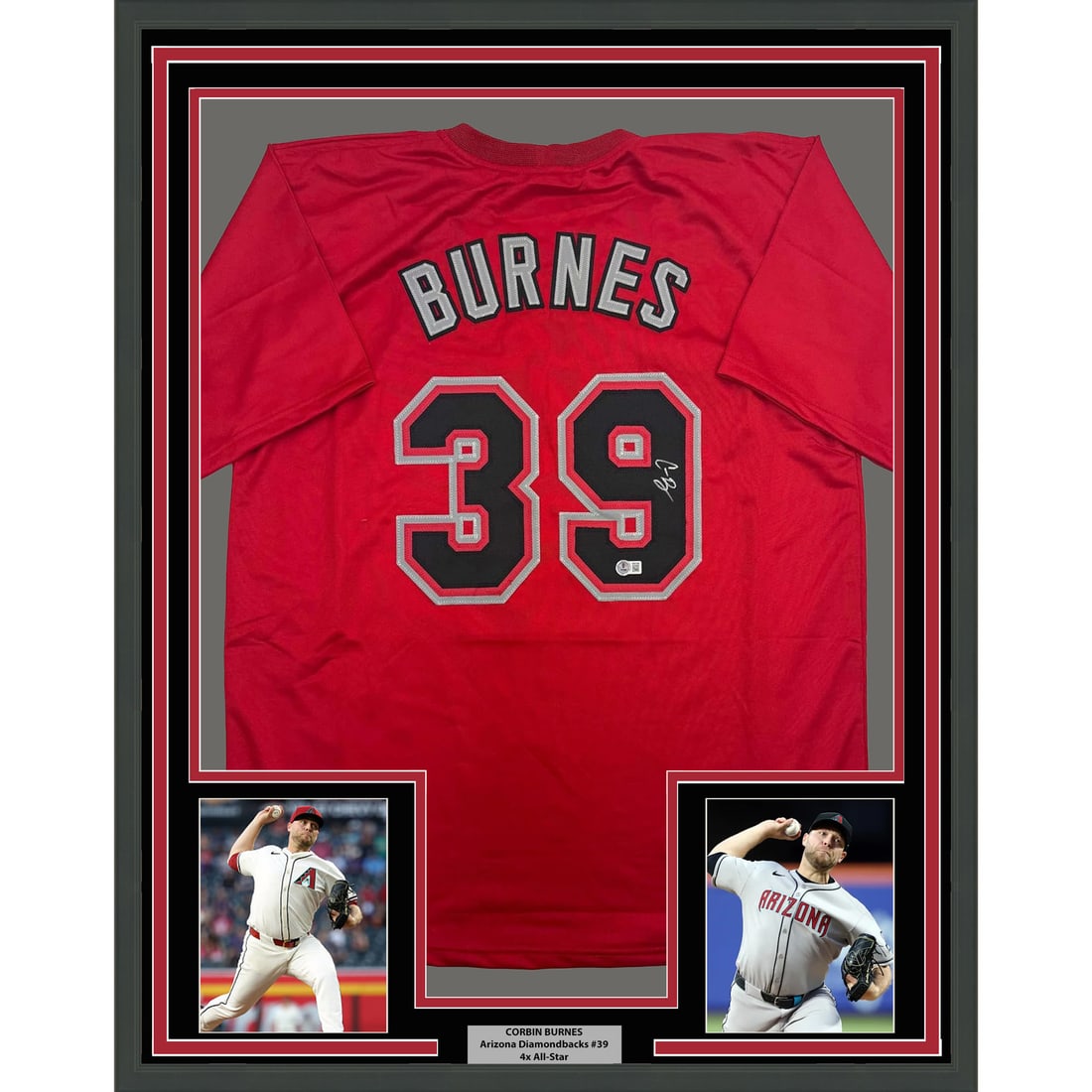 Framed Corbin Burnes Autographed Arizona Red Jersey Beckett COA: Framed Corbin Burnes Autographed Arizona Red Jersey Beckett COA Showcase your fandom with this professionally framed and autographed Corbin Burnes Arizona Diamondbacks jersey. Measuring 35x39 inches, 
