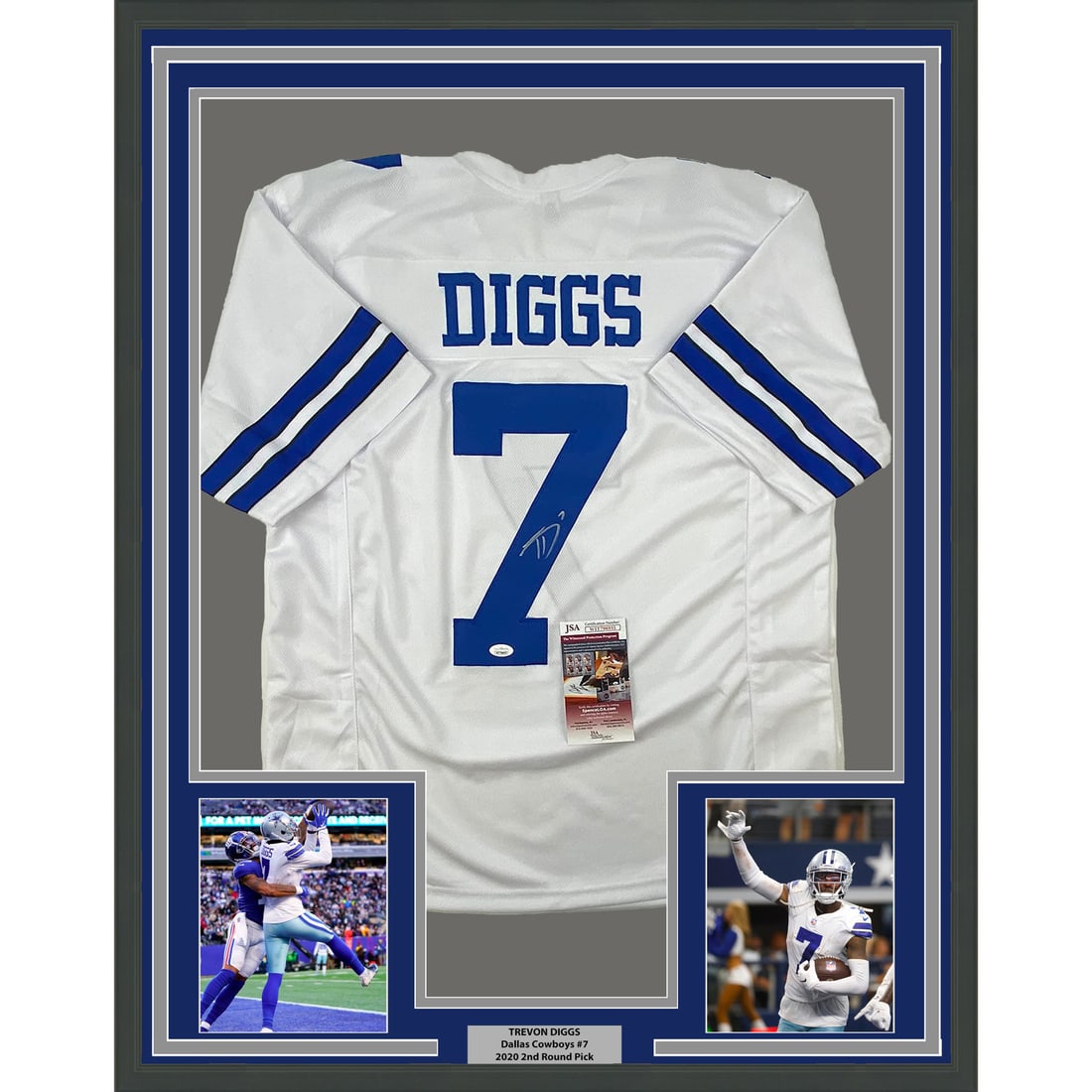 Trevon Diggs signed Dallas Cowboys framed jersey 33x42 JSA COA: Trevon Diggs signed Dallas Cowboys framed jersey 33x42 JSA COA This framed Dallas Cowboys white jersey is autographed by Trevon Diggs and comes with authentication from James Spence Authentication (JS
