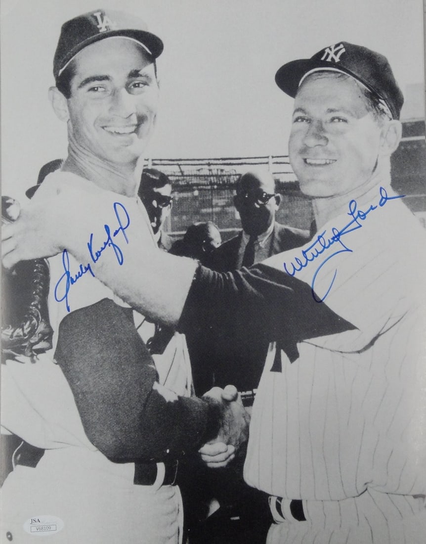 Sandy Koufax Whitey Ford Dual Signed 11x14 Photo JSA Authenticated: Sandy Koufax Whitey Ford Dual Signed 11x14 Photo JSA Authenticated This remarkable 11X14 photo captures the legendary duel between Sandy Koufax and Whitey Ford, both of whom have signed this impressiv