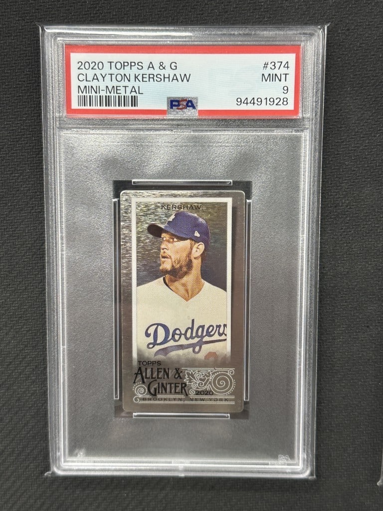 Clayton Kershaw 2020 Topps Allen & Ginter Mini Metal PSA 9 Rare Card: Clayton Kershaw 2020 Topps Allen & Ginter Mini Metal PSA 9 Rare Card This is a 2020 Topps Allen & Ginter Mini Metal baseball card featuring Clayton Kershaw, one of the star pitchers for the Los Angele