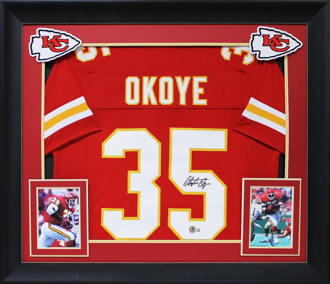 Christian Okoye Signed Red Pro Style Framed Jersey Kansas City Chiefs BAS Authenticated: Christian Okoye Signed Red Pro Style Framed Jersey Kansas City Chiefs BAS Authenticated Celebrate the legacy of Christian Okoye with this Authentic Signed Red Pro Style Framed Jersey. This original pi