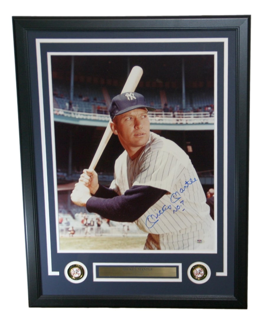 Mickey Mantle Signed New York Yankees 16x20 Photo PSA/DNA LOA: Mickey Mantle Signed New York Yankees 16x20 Photo PSA/DNA LOA This framed 16x20 photo of baseball legend Mickey Mantle showcases his iconic presence as a New York Yankees player. The item is authentic