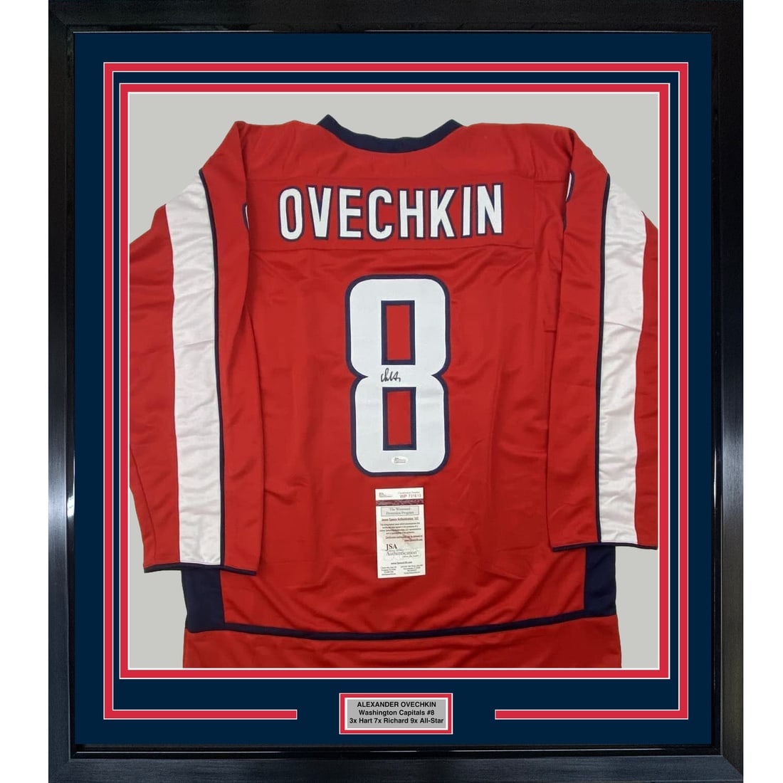 Framed Signed Alexander Ovechkin Jersey with JSA COA 33x42: Framed Signed Alexander Ovechkin Jersey with JSA COA 33x42 Showcase your admiration for hockey legend Alexander Ovechkin with this professionally framed and matted autographed Washington Capitals jers