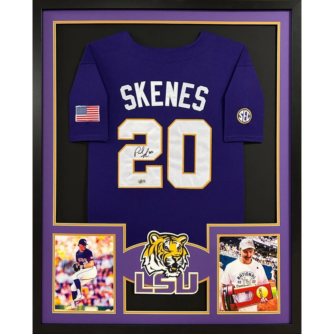 Paul Skenes Signed Framed Jersey LSU Tigers Beckett Authenticated: Paul Skenes Signed Framed Jersey LSU Tigers Beckett Authenticated This is a stunning autographed framed jersey of Paul Skenes, showcasing his affiliation with the LSU Tigers and the Pirates. The jerse