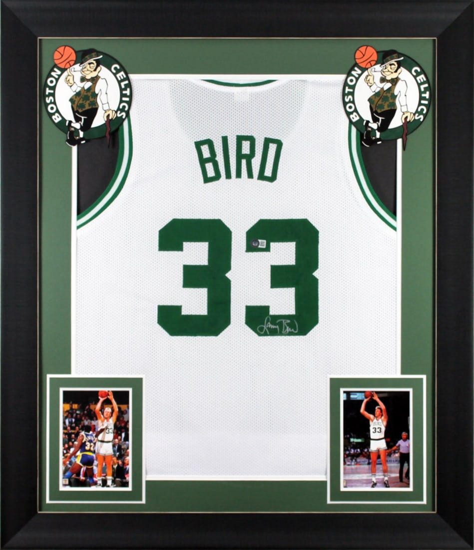 Larry Bird Signed Framed Jersey Boston Celtics BAS Witnessed 32 x 37: Larry Bird Signed Framed Jersey Boston Celtics BAS Witnessed 32 x 37 This authentic white pro style jersey has been personally signed by legendary player Larry Bird of the Boston Celtics. The jersey i
