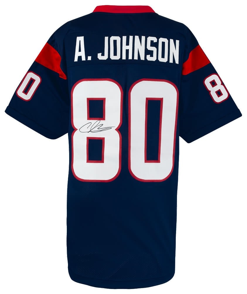 Navy Custom Football Jersey Autographed by Andre Johnson: Navy Custom Football Jersey Autographed by Andre Johnson This is a pre-owned navy custom football jersey signed by Andre Johnson of the Houston Texans. The autograph is authenticated with a tamper-pro
