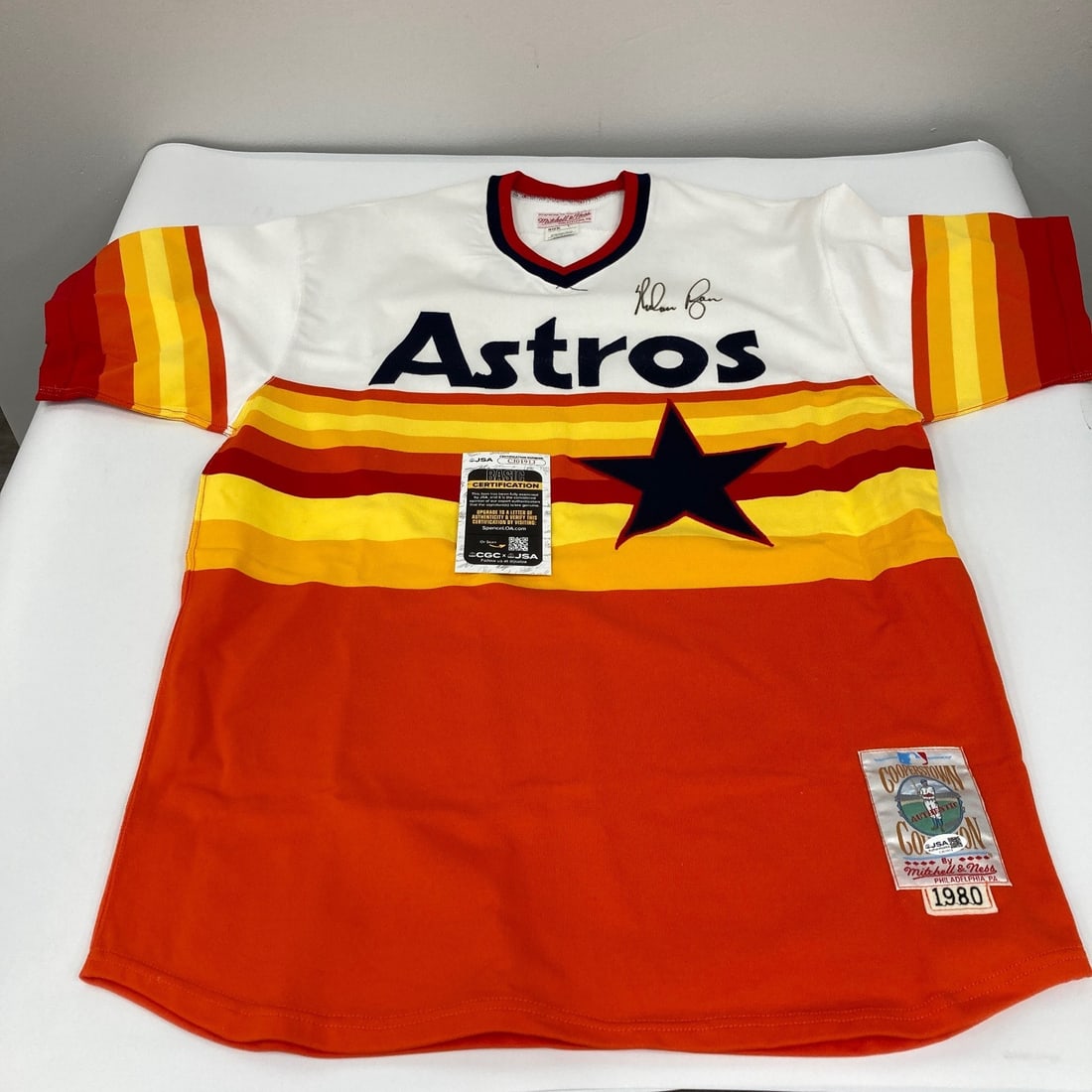 Autographed Mitchell and Ness 1980 Houston Astros Jersey Nolan Ryan JSA COA: Autographed Mitchell and Ness 1980 Houston Astros Jersey Nolan Ryan JSA COA Authentic Houston Astros jersey signed by Nolan Ryan. The item is an original baseball jersey with autograph authentication 