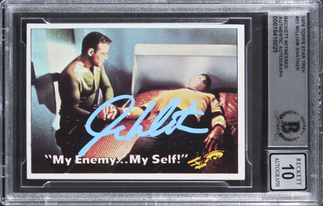 William Shatner Signed 1976 Topps Star Trek #31 Card Gem Mint 10 Beckett Authenticated: William Shatner Signed 1976 Topps Star Trek #31 Card Gem Mint 10 Beckett Authenticated This is a 1976 Topps Star Trek #31 trading card, personally signed by William Shatner, known for his iconic role 