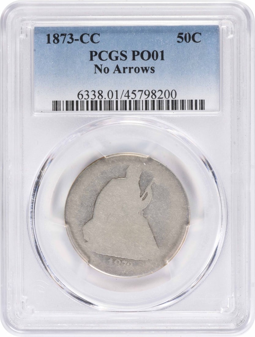 PCGS PO01 1873 CC Seated Liberty 50C Silver Half Dollar: PCGS PO01 1873 CC Seated Liberty 50C Silver Half Dollar 1873-CC Liberty Seated silver half dollar certified by PCGS. This circulated United States 50C coin is identified as the No Arrows variety and i