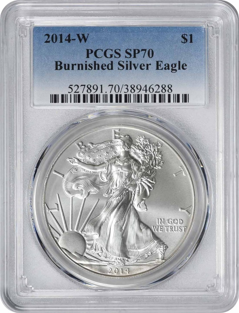 2014-W Burnished American Silver Eagle SP70 PCGS 1 oz Coin: 2014-W Burnished American Silver Eagle SP70 PCGS 1 oz Coin This 2014-W American Silver Eagle coin features a burnished finish and has been graded SP70 by PCGS, ensuring its exceptional quality. Struck